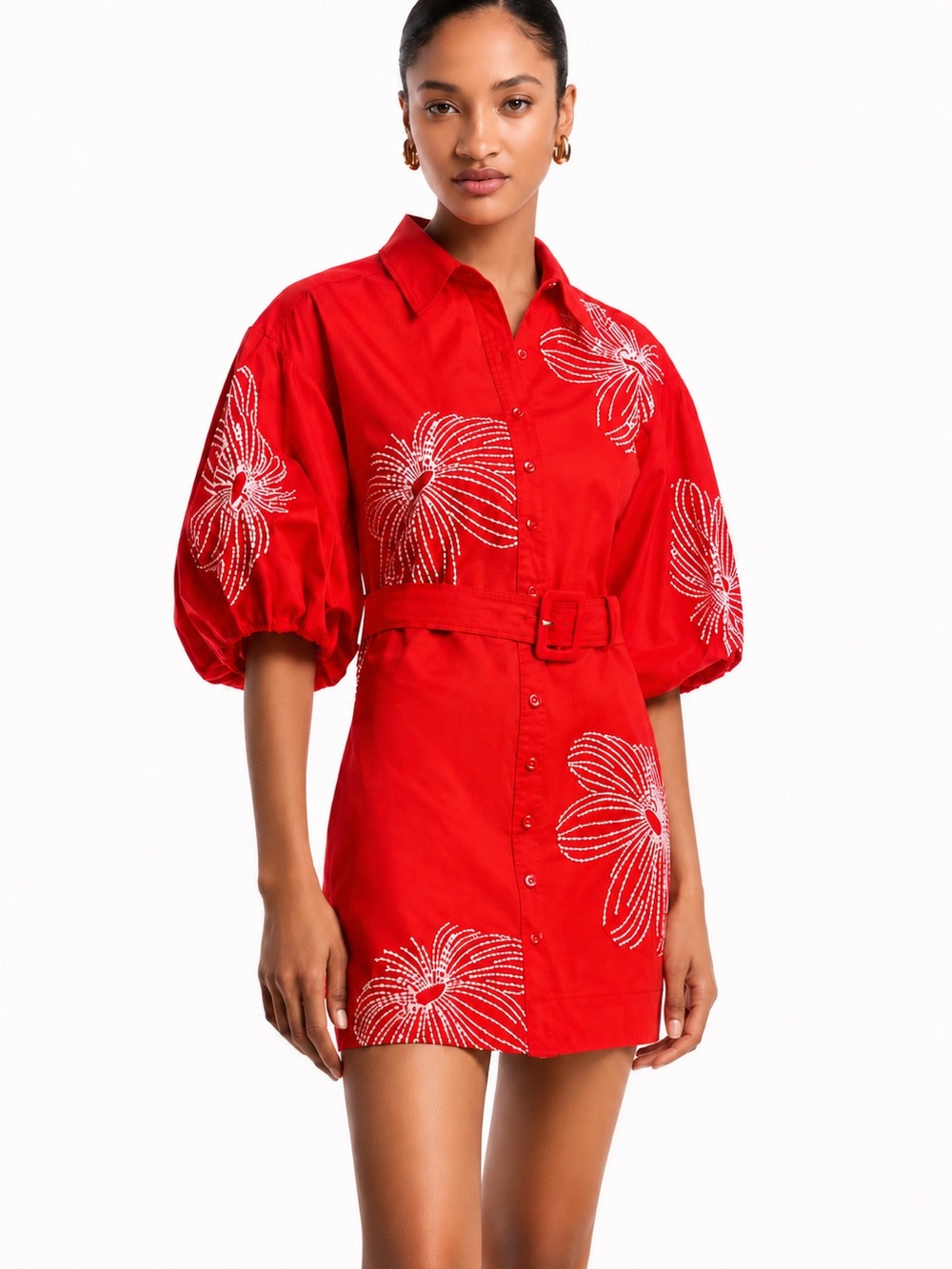 Cinq A Sept Sunburst Rhea Belted Embroidered Dress Cherry Tomato | Small